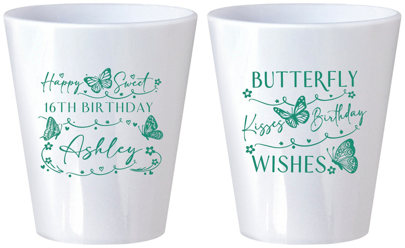 Custom 16th Birthday Plastic Shot Glasses - Butterfly Wishes | 300001