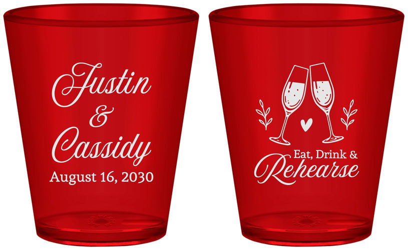 Custom Rehearsal Dinner Plastic Shot Glasses - Eat Drink Rehearse | 30001