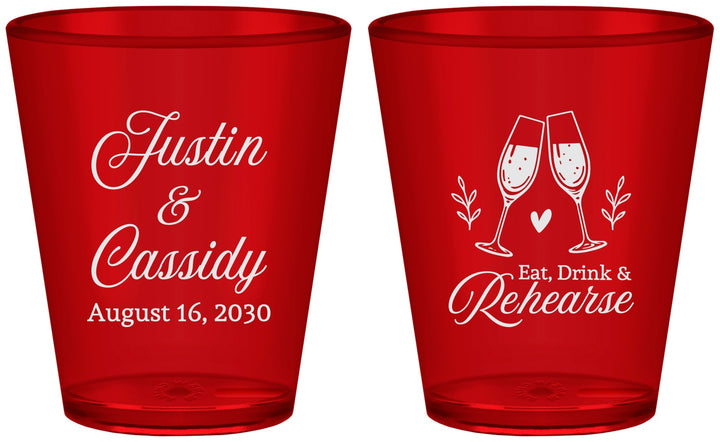 Custom Rehearsal Dinner Plastic Shot Glasses - Eat Drink Rehearse | 30001