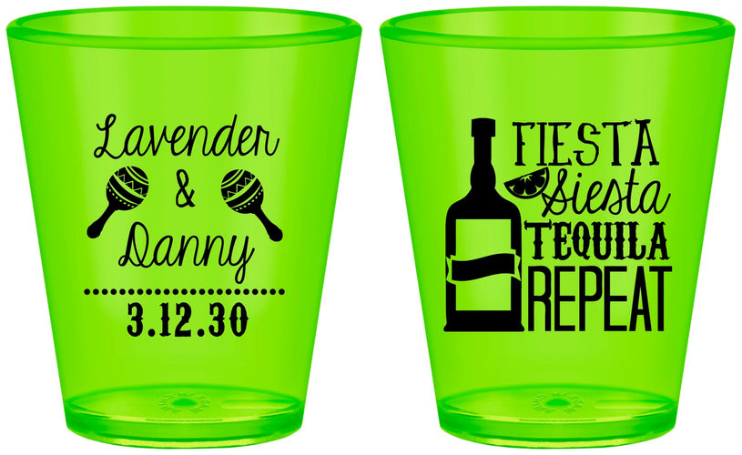 Custom Wedding Plastic Shot Glasses - Fiesta Siesta Tequila Repeat | 306