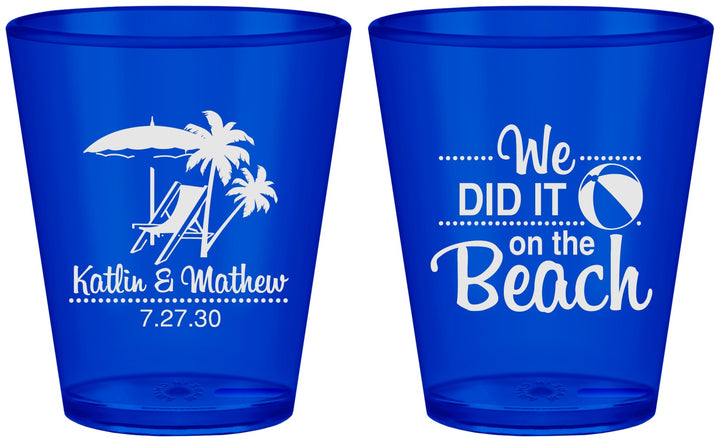 Custom Wedding Plastic Shot Glasses - We Did It On The Beach | 317