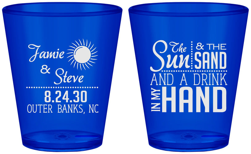 Custom Wedding Plastic Shot Glasses - Sun Sand Drink In My Hand | 319