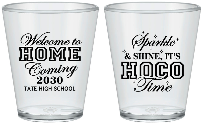 Custom Homecoming Plastic Shot Glasses - Sparkle Shine Hoco Time | 330017