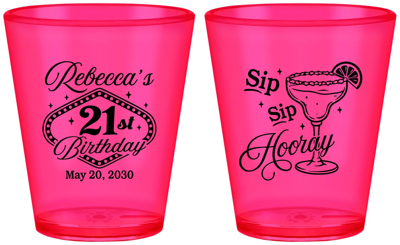 Custom 21st Birthday Plastic Shot Glasses - Sip Sip Hooray Vegas | 340006