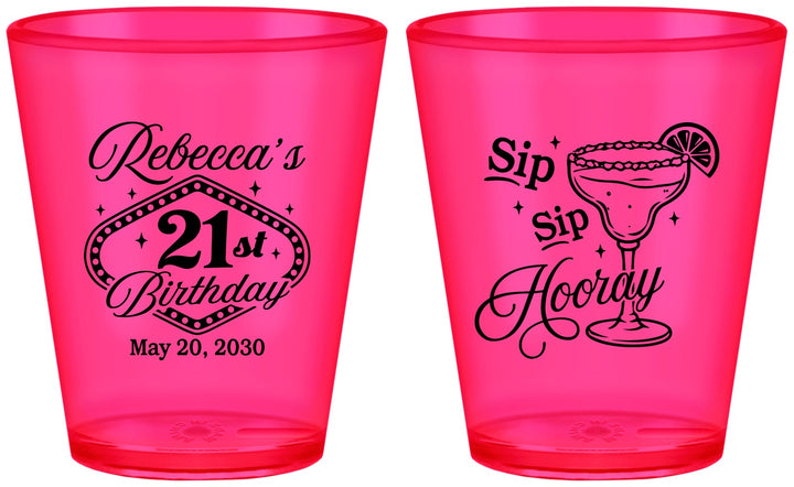 Custom 21st Birthday Plastic Shot Glasses - Sip Sip Hooray Vegas | 340006