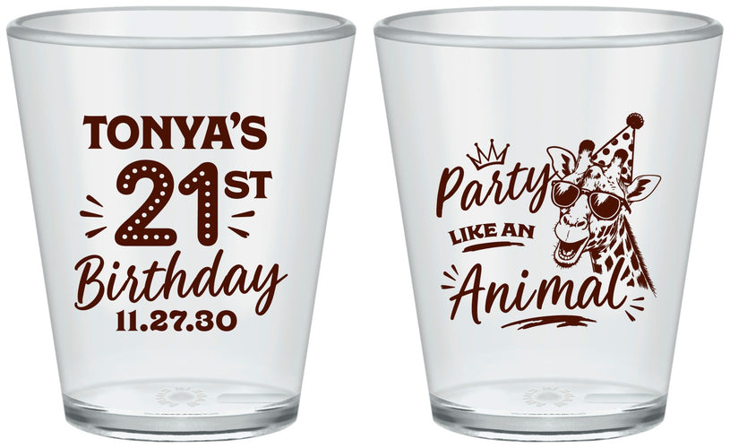 Custom 21st Birthday Plastic Shot Glasses - Party Like An Animal Giraffe | 340022