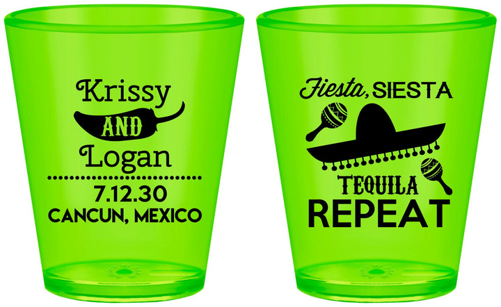 Custom Wedding Plastic Shot Glasses - Fiesta Siesta Tequila Repeat | 344