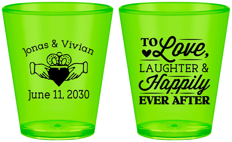 Custom Wedding Plastic Shot Glasses - Love Laughter Happily | 346
