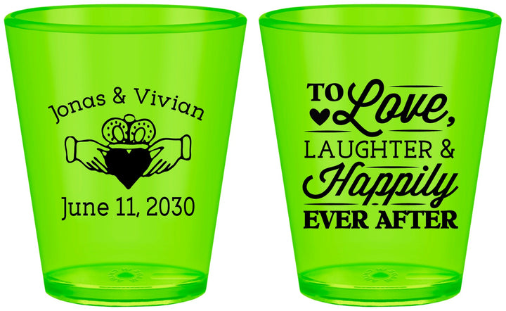 Custom Wedding Plastic Shot Glasses - Love Laughter Happily | 346