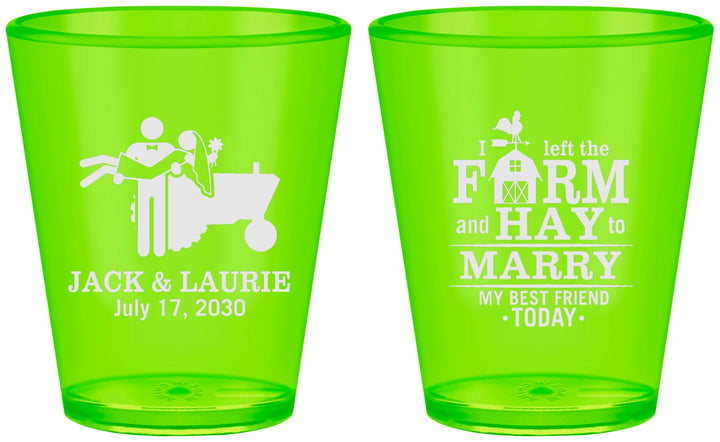 Custom Wedding Plastic Shot Glasses - Left The Farm Tractor | 347