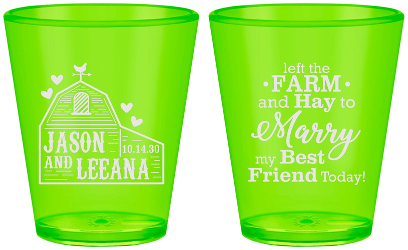 Custom Wedding Plastic Shot Glasses - Left The Farm Tractor | 352