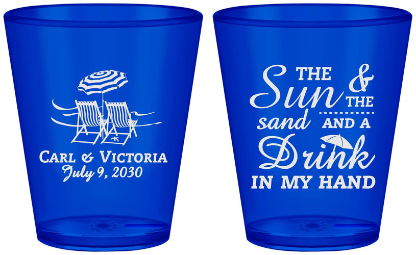 Custom Wedding Plastic Shot Glasses - Sun Sand Drink In My Hand | 353