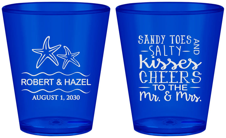 Custom Wedding Plastic Shot Glasses - Sandy Feet Salty Kisses | 356