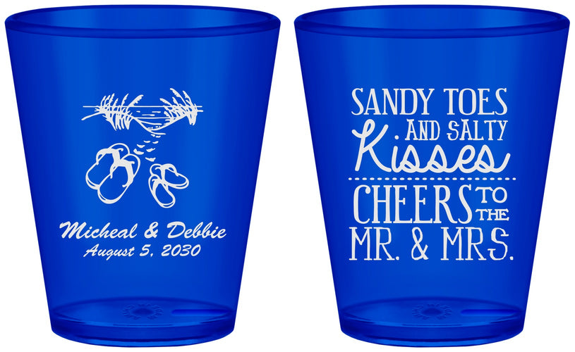 Custom Wedding Plastic Shot Glasses - Sandy Feet Salty Kisses | 357