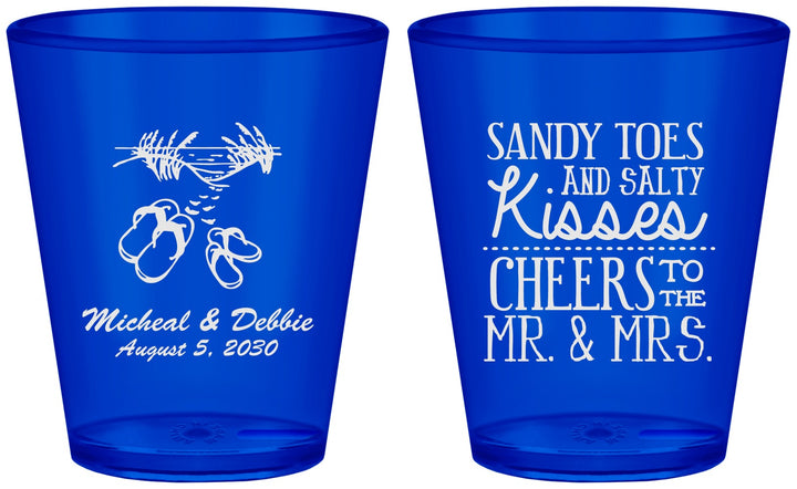Custom Wedding Plastic Shot Glasses - Sandy Feet Salty Kisses | 357