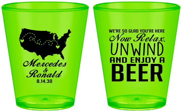 Custom Wedding Plastic Shot Glasses - Relax Unwind Enjoy Beer | 360
