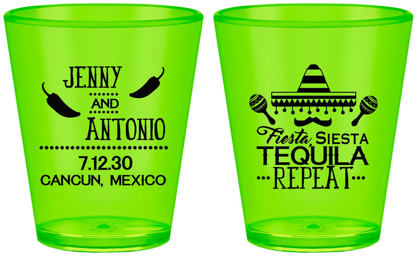 Custom Wedding Plastic Shot Glasses - Fiesta Siesta Tequila Repeat | 369