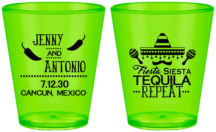 Custom Wedding Plastic Shot Glasses - Fiesta Siesta Tequila Repeat | 369