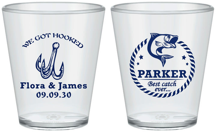 Custom Wedding Plastic Shot Glasses - We Got Hooked Fish | 392