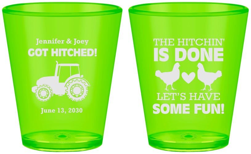 Custom Wedding Plastic Shot Glasses - Got Hitched Tractor | 397