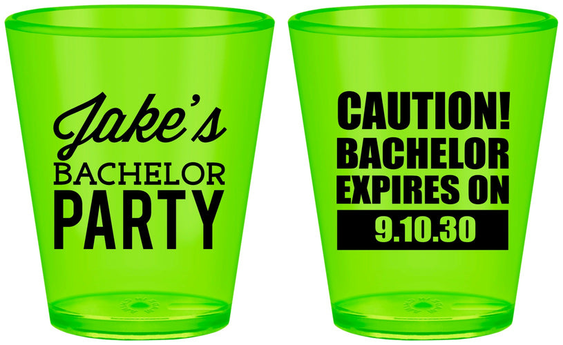 Custom Bachelor Party Plastic Shot Glasses - Caution Expires On | 40009