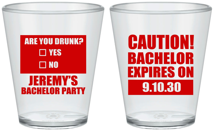 Custom Bachelor Party Plastic Shot Glasses - Caution Expires On | 40012