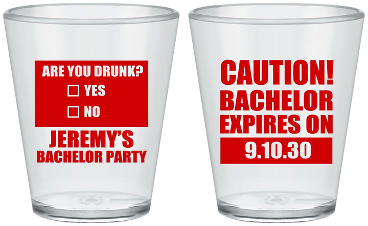Custom Bachelor Party Plastic Shot Glasses - Caution Expires On | 40012
