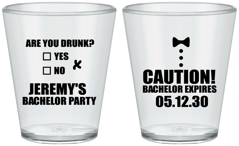 Custom Bachelor Party Plastic Shot Glasses - Caution Expires On | 40013