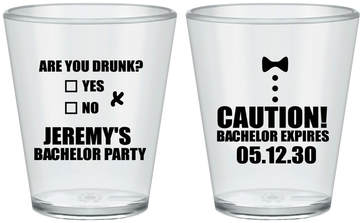 Custom Bachelor Party Plastic Shot Glasses - Caution Expires On | 40013