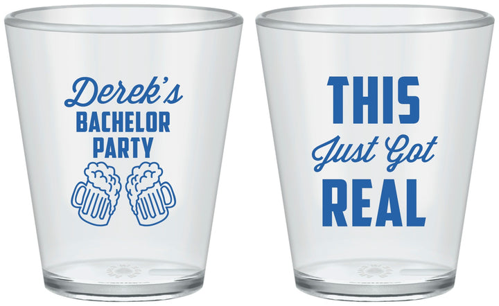 Custom Bachelor Party Plastic Shot Glasses - Just Got Real | 40024