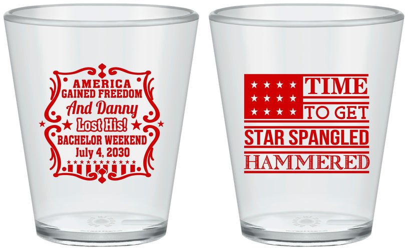 Custom Bachelor Party Plastic Shot Glasses - Star Spangled Hammered | 40032