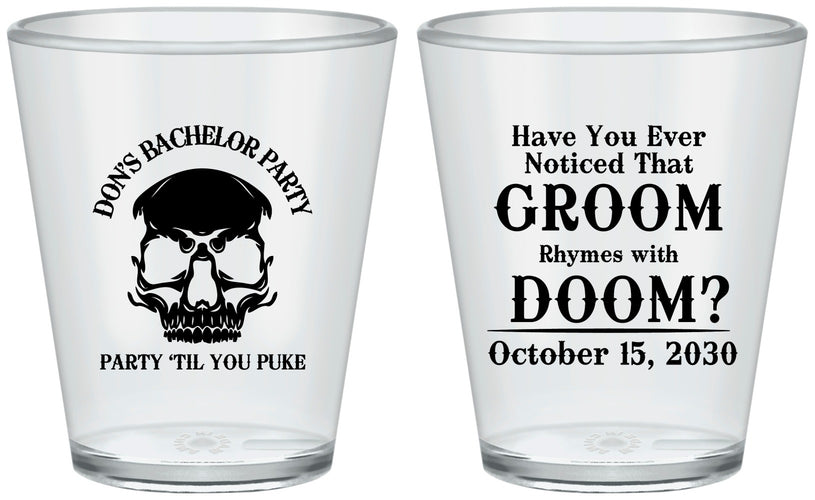 Custom Bachelor Party Plastic Shot Glasses - Groom Doom Skull | 40041