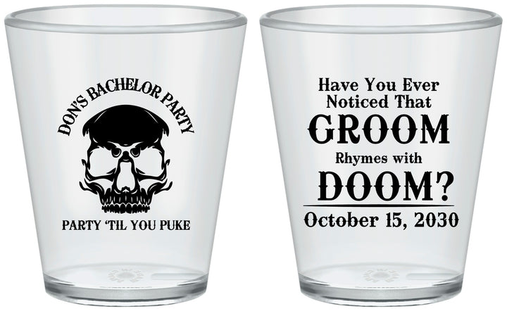 Custom Bachelor Party Plastic Shot Glasses - Groom Doom Skull | 40041