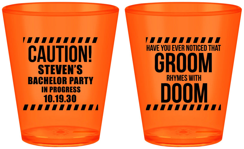 Custom Bachelor Party Plastic Shot Glasses - Groom Rhymes Doom | 40042