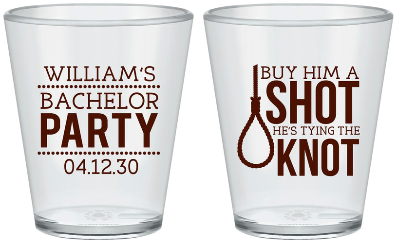 Custom Bachelor Party Plastic Shot Glasses - Buy Him A Shot | 40051