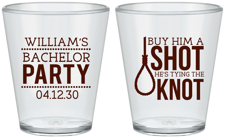Custom Bachelor Party Plastic Shot Glasses - Buy Him A Shot | 40051