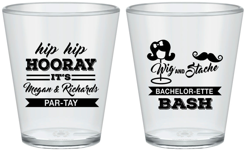 Custom Bachelor Party Plastic Shot Glasses - Wig Or Stache | 40058