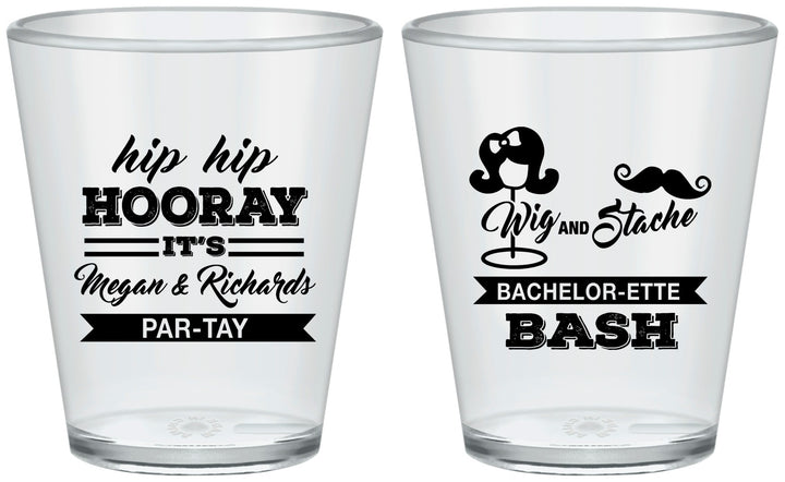 Custom Bachelor Party Plastic Shot Glasses - Wig Or Stache | 40058