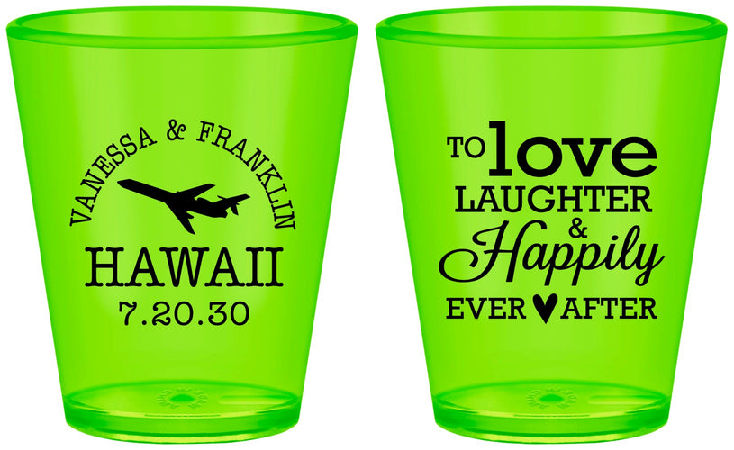 Custom Wedding Plastic Shot Glasses - Love Laughter Happily | 404