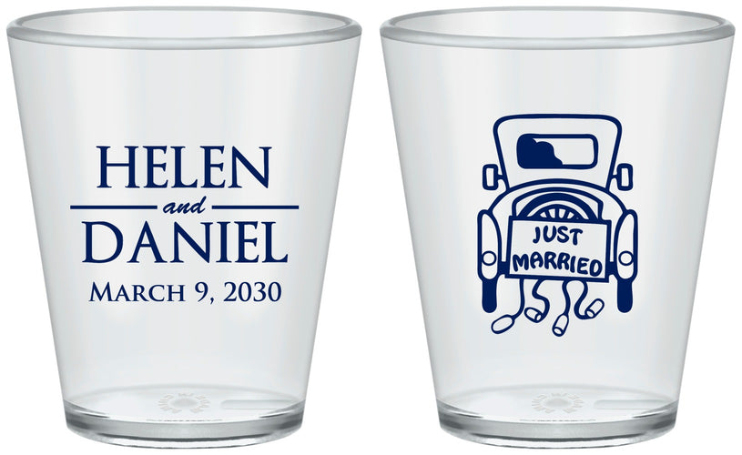 Custom Wedding Plastic Shot Glasses - Just Married Old Car | 413