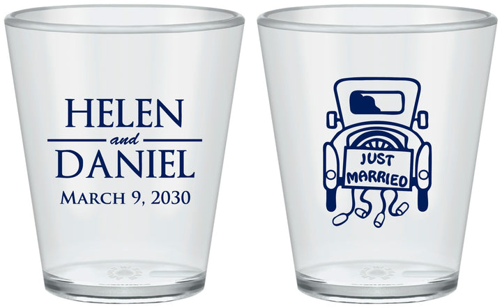 Custom Wedding Plastic Shot Glasses - Just Married Old Car | 413