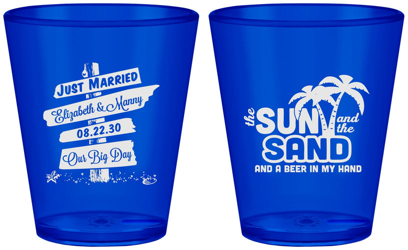 Custom Wedding Plastic Shot Glasses - Sun Sand Drink In My Hand | 416