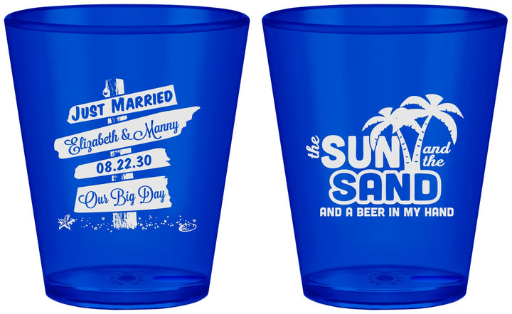 Custom Wedding Plastic Shot Glasses - Sun Sand Drink In My Hand | 416