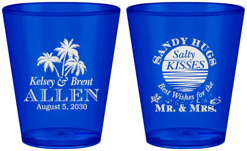 Custom Wedding Plastic Shot Glasses - Sandy Hugs Salty Kisses | 425