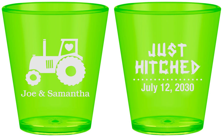 Custom Wedding Plastic Shot Glasses - Just Hitched Tractor | 429