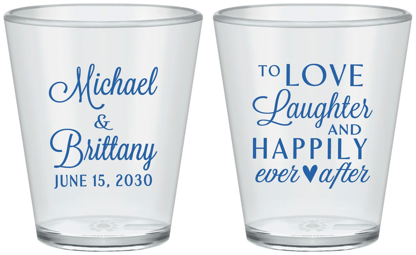 Custom Wedding Plastic Shot Glasses - Love Laughter Happily | 432