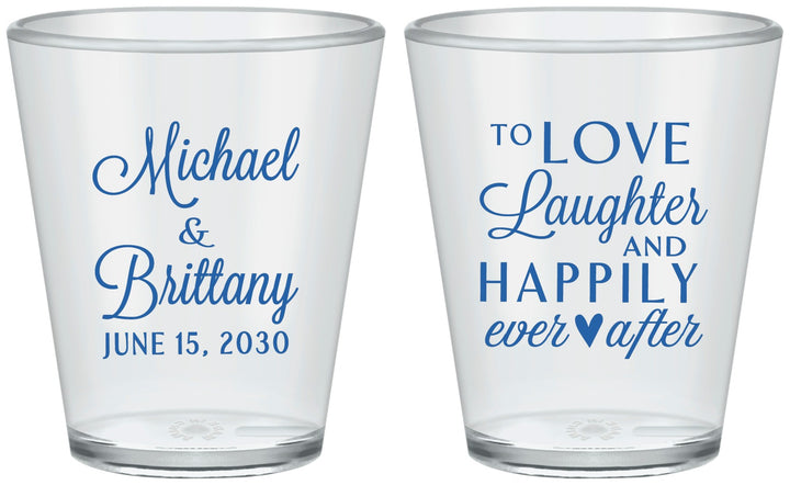 Custom Wedding Plastic Shot Glasses - Love Laughter Happily | 432