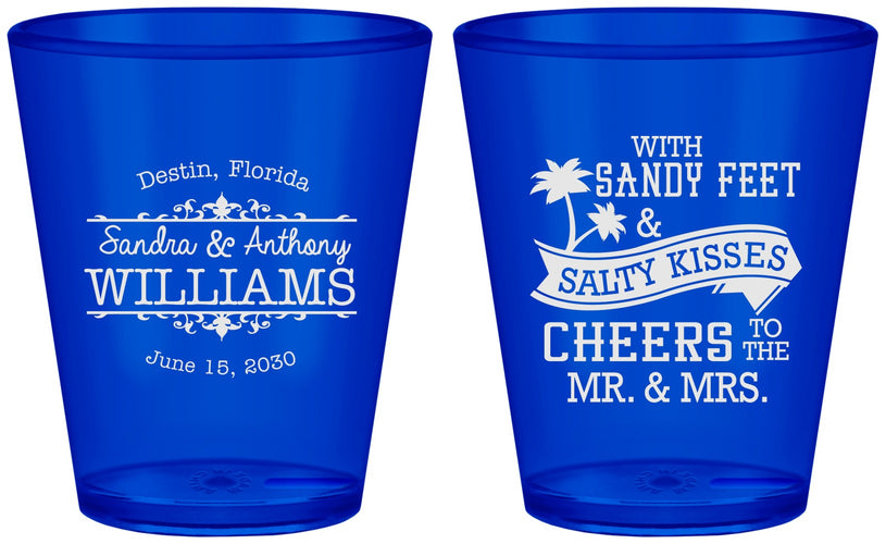Custom Wedding Plastic Shot Glasses - Sandy Feet Salty Kisses | 434