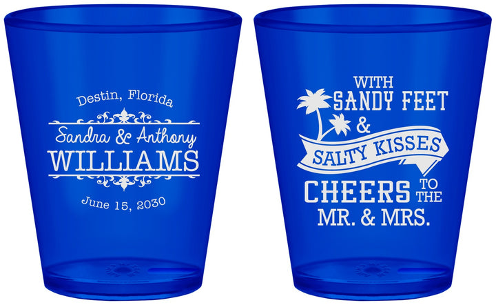 Custom Wedding Plastic Shot Glasses - Sandy Feet Salty Kisses | 434
