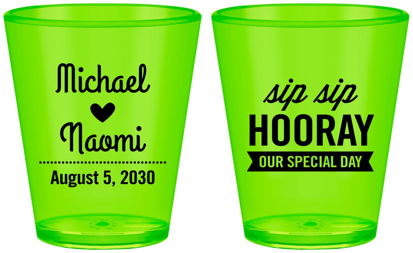 Custom Wedding Plastic Shot Glasses - Sip Sip Hooray | 437
